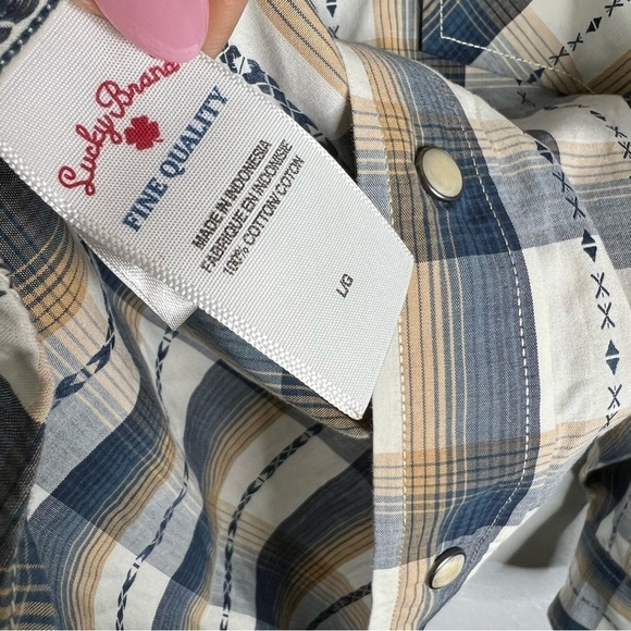 Lucky Brand Men Large Pearl Snap Western Long Sleeve Gray Tan Flannel Shirt U - Picture 5 of 8